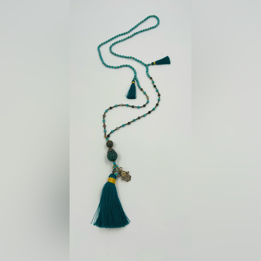 Chic Teal Beaded Necklace with Tassel & Hamsa Hand Charm